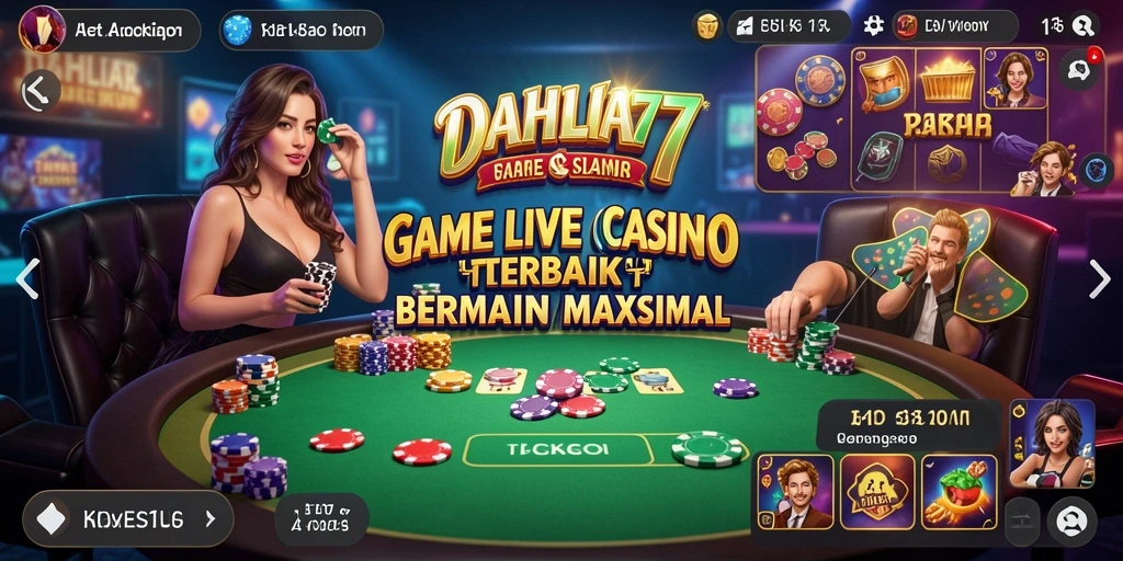 Screenshot utama DAHLIA77 menampilkan suasana permainan Live Casino yang seru.