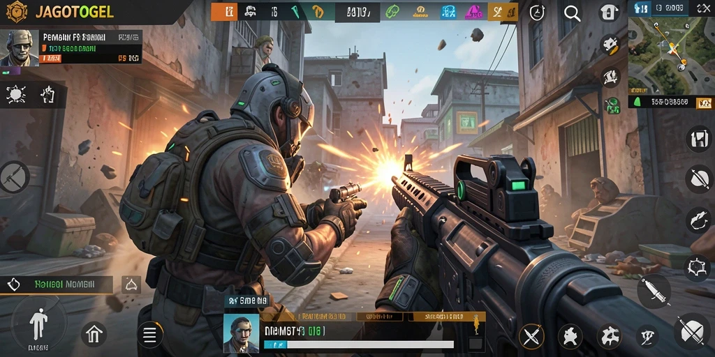 Gameplay seru JAGOTOGEL dengan aksi tembak-menembak yang intens.
