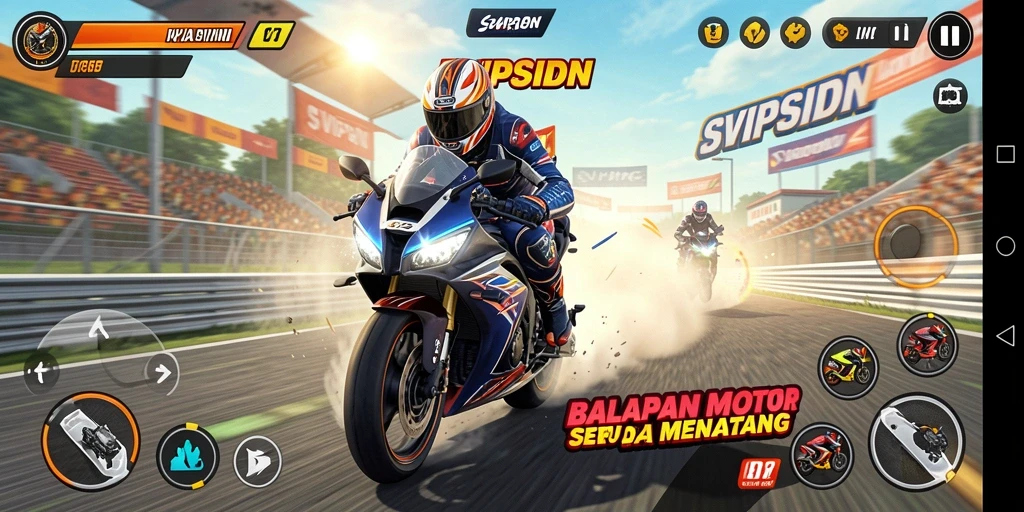 Screenshot gameplay SVIPSIDN menampilkan aksi balapan motor yang seru dan dinamis.